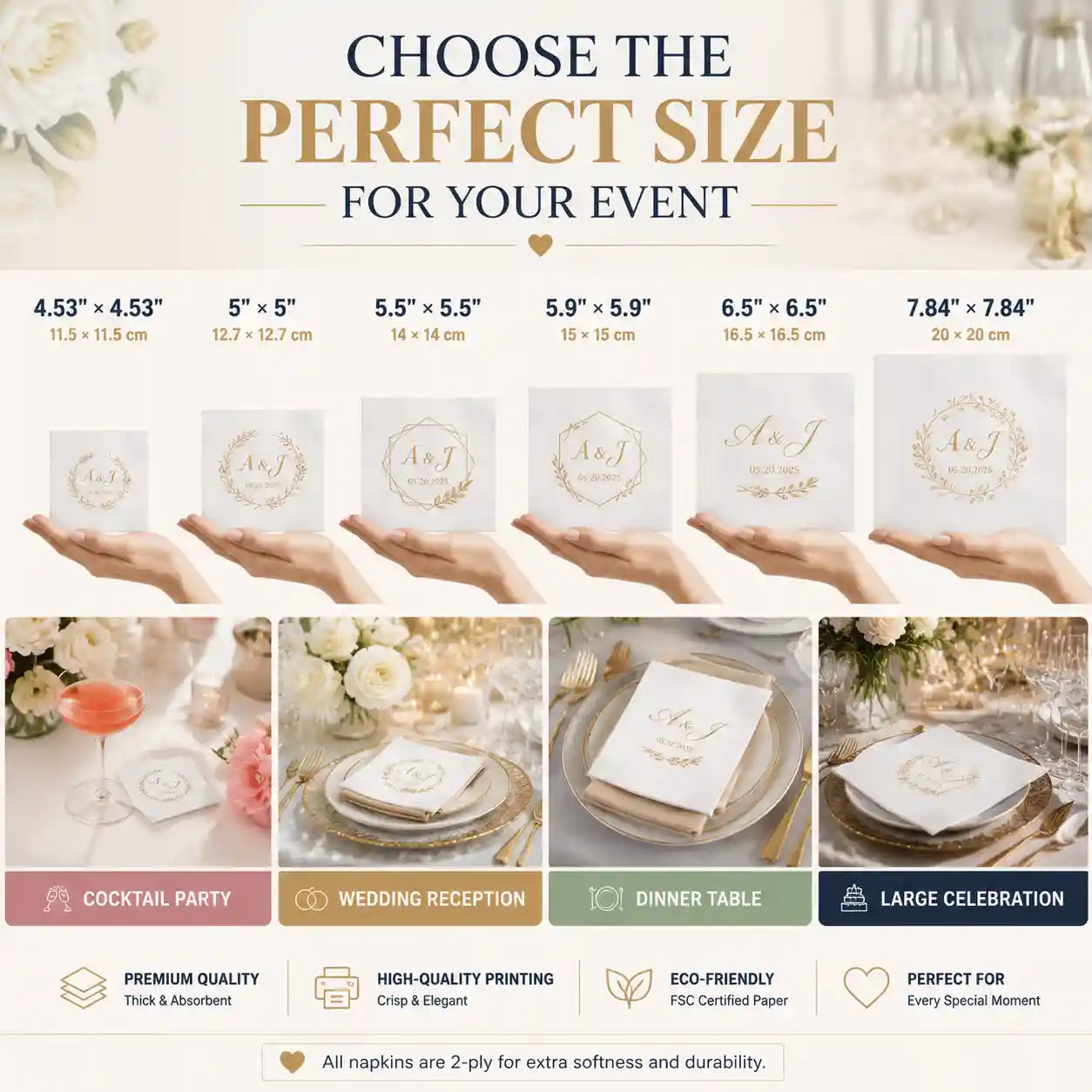 Wedding napkin size guide showing multiple custom napkin sizes for receptions, parties and special events