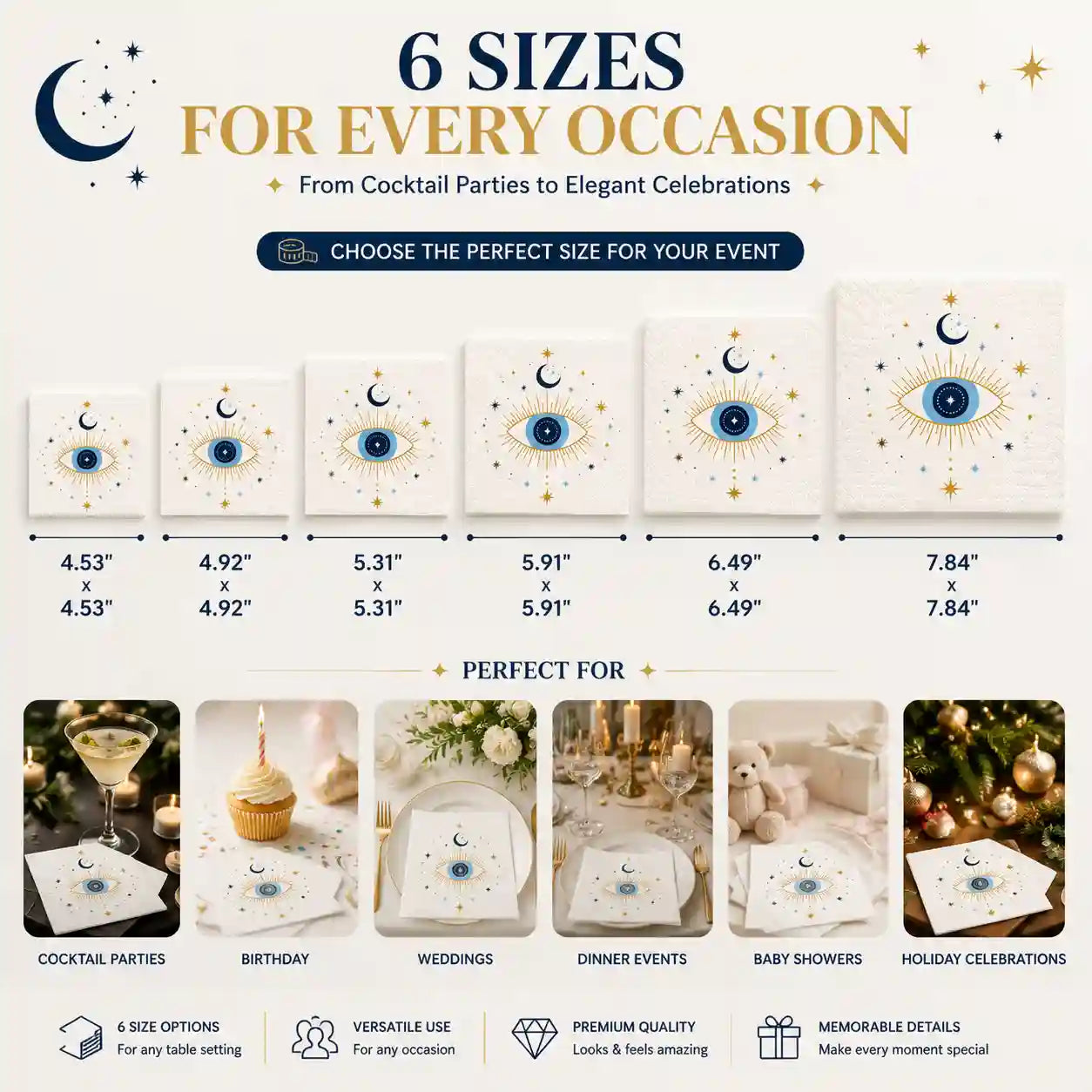 Six size options of personalized napkins for cocktail parties weddings and special events