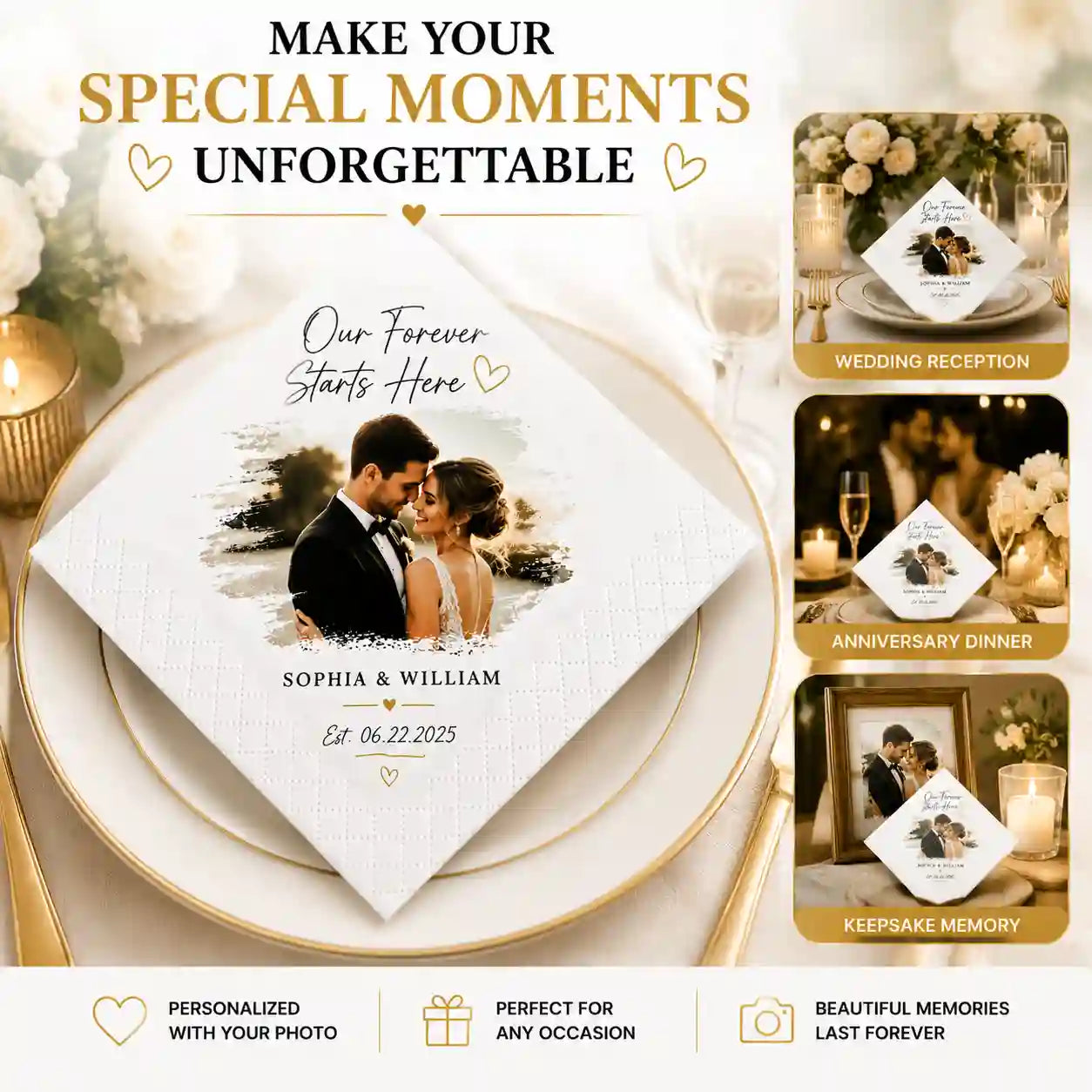 Personalized photo wedding napkins used as elegant wedding table details and memorable celebration keepsakes