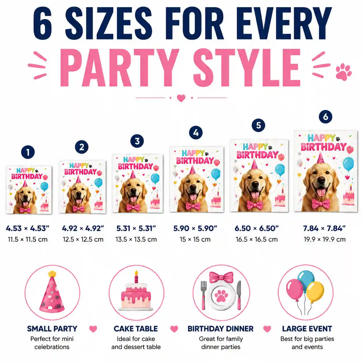 Personalized pet birthday napkins available in six sizes for different party styles, including small celebrations and large pet events