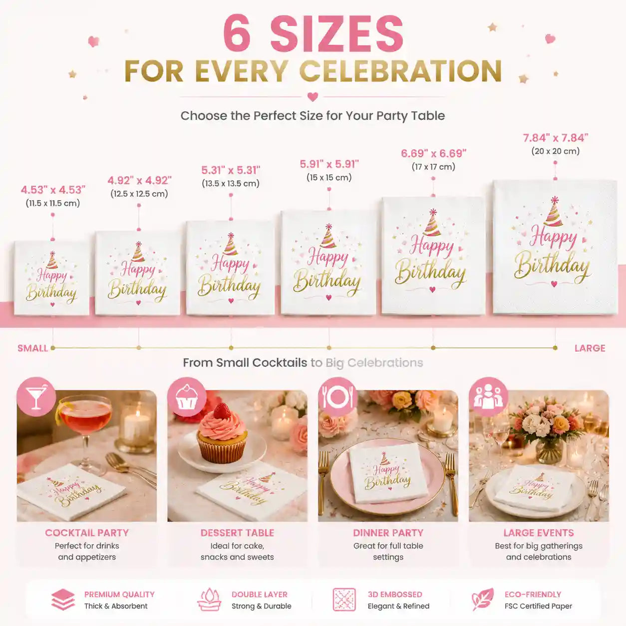 Six size options of personalized birthday napkins for different party occasions