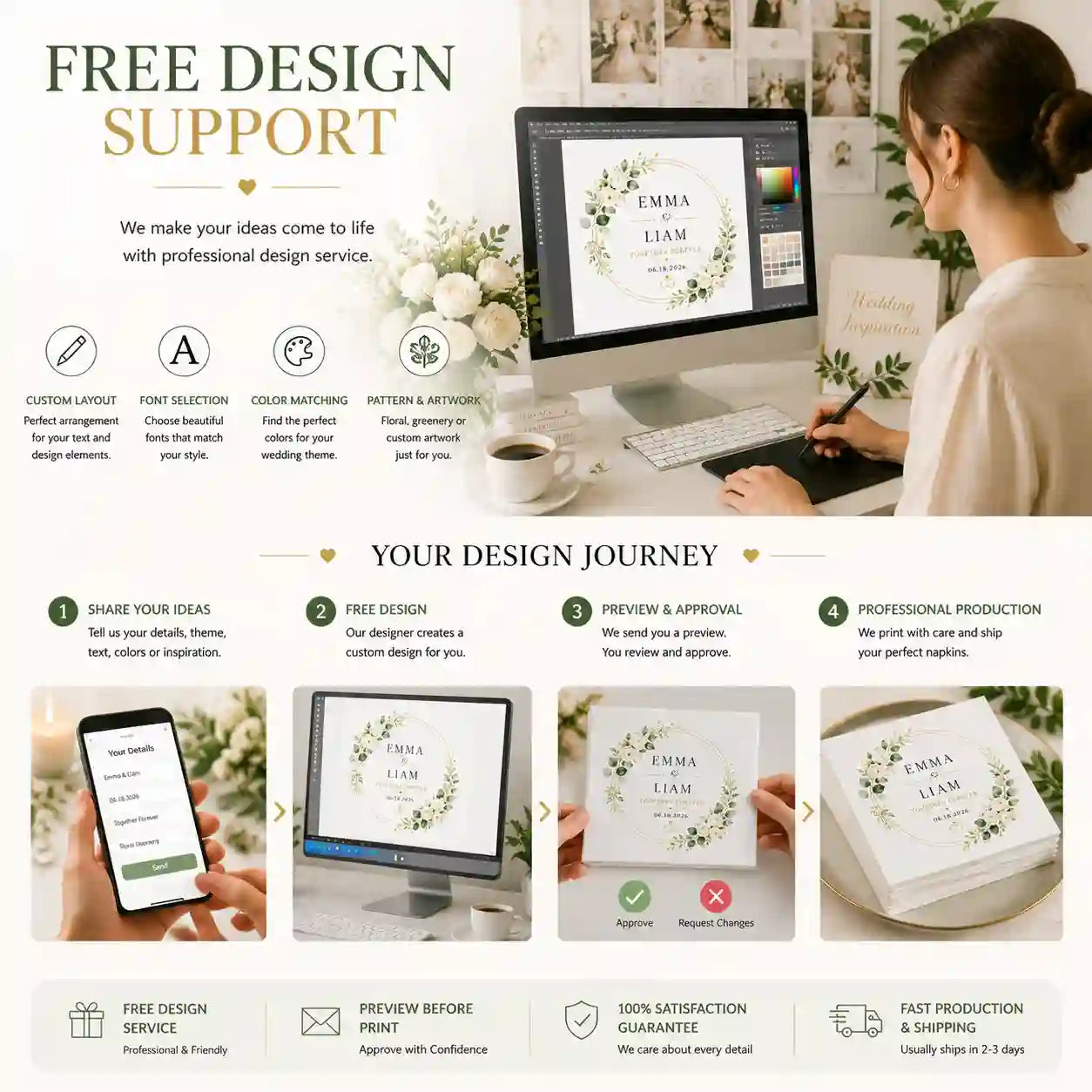 Free wedding napkin design service with preview approval process