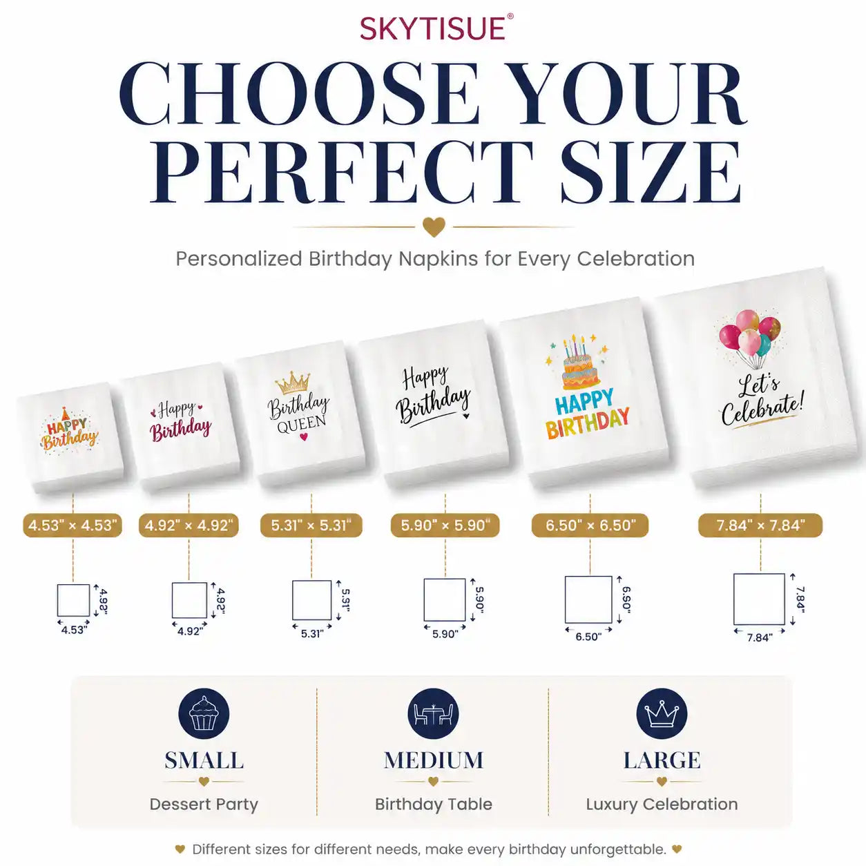 SKYTISUE personalized birthday napkin size guide showing six available folded napkin sizes for different celebrations