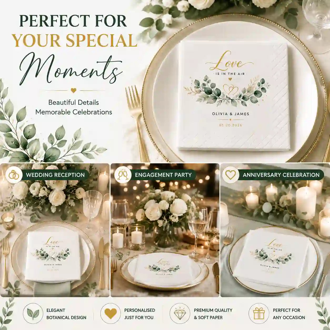 Greenery personalized wedding napkins for wedding reception, engagement party and elegant table decoration