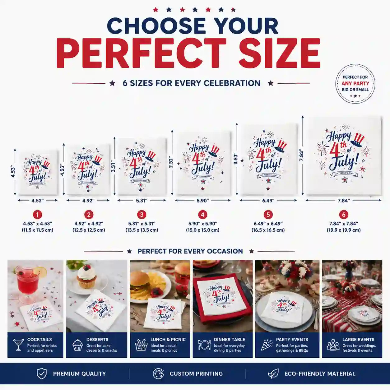 Six available personalized napkin sizes from cocktail size to large event table napkins