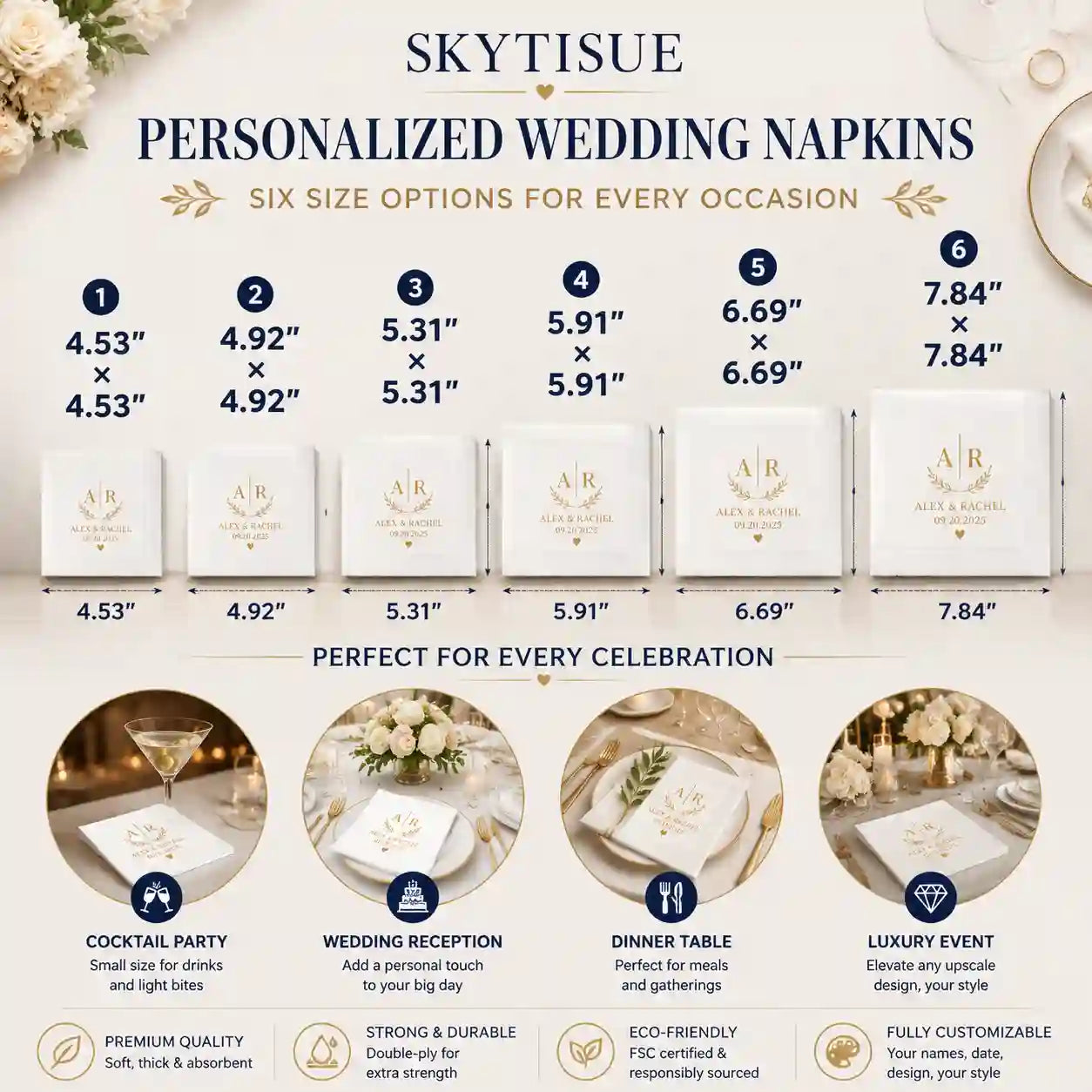 SKYTISUE personalized wedding napkins available in multiple sizes for wedding receptions, cocktail parties, and special events