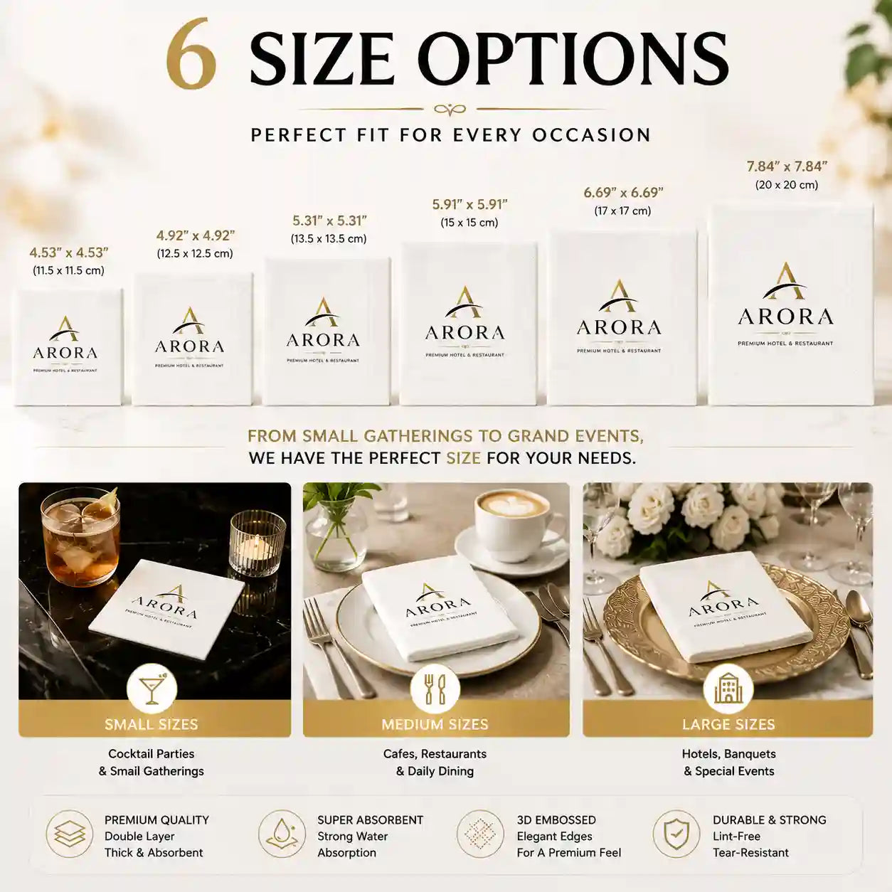 Custom napkin size options from 4.53 inch to 7.84 inch for restaurants and hotels