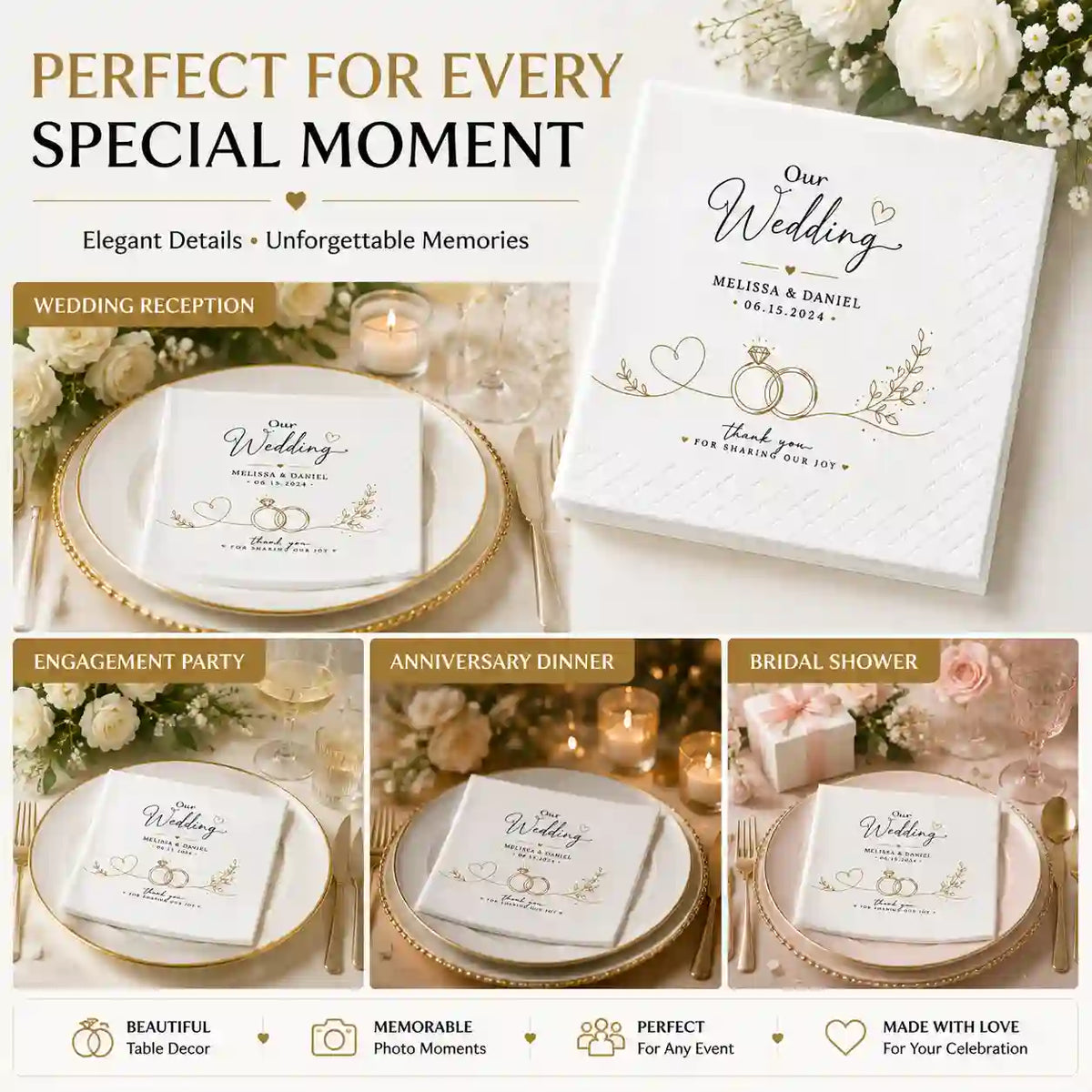 Personalized cocktail napkins for weddings, engagements, anniversaries, birthdays, corporate events and restaurants