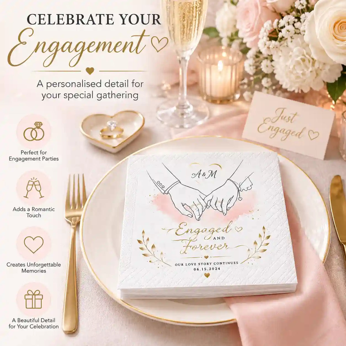 Personalised engagement napkin styled with champagne, flowers and elegant table decorations for an engagement party