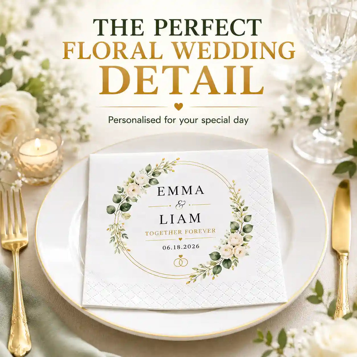 Personalised floral wedding napkin styled on an elegant wedding reception table setting