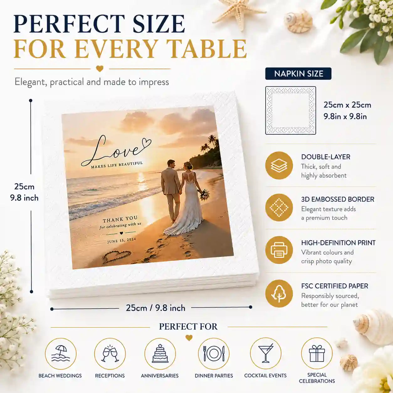 Personalised wedding napkin order process from photo upload and design preview to approval and production