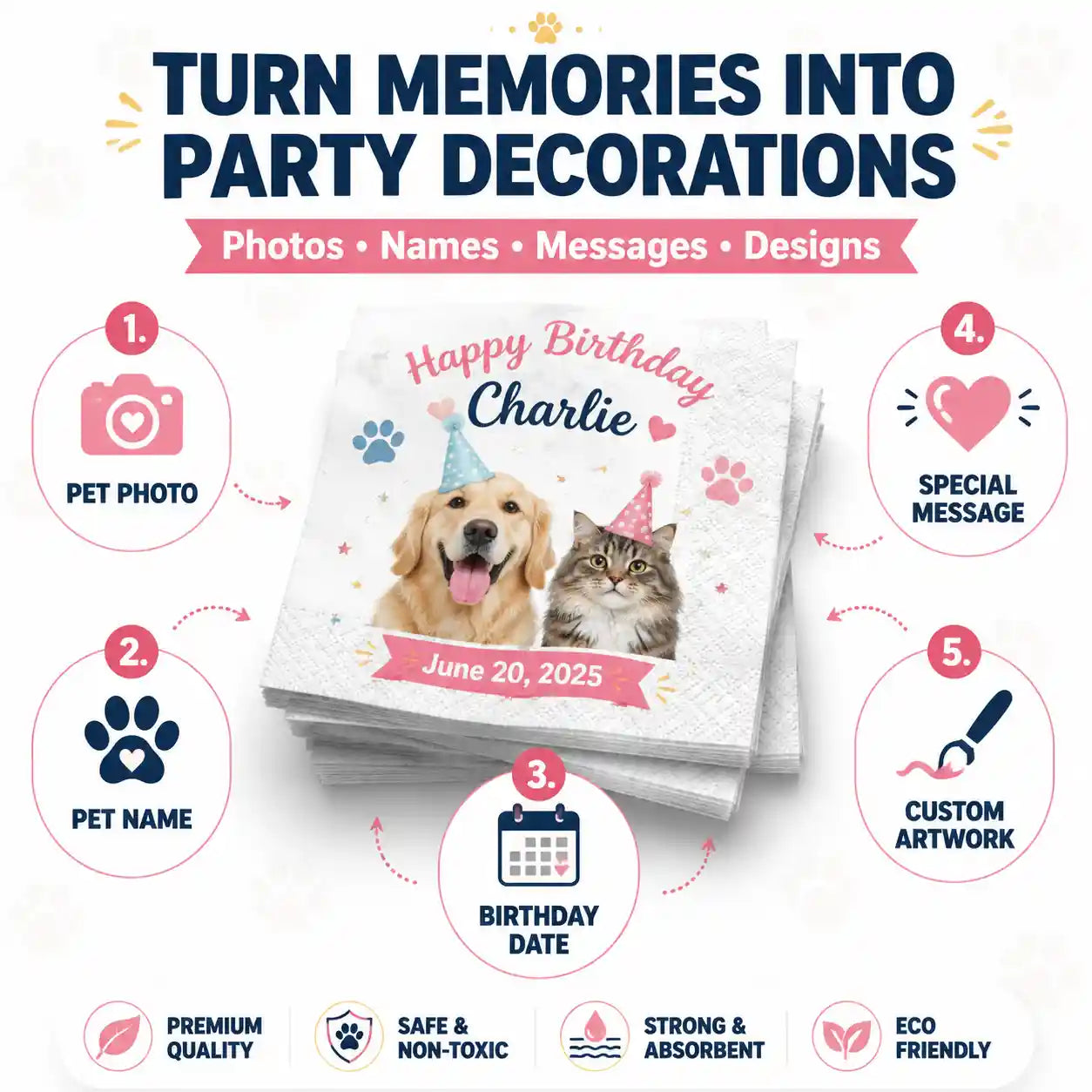 Custom pet photo napkins personalized with pet names, birthday dates, special messages and unique artwork designs