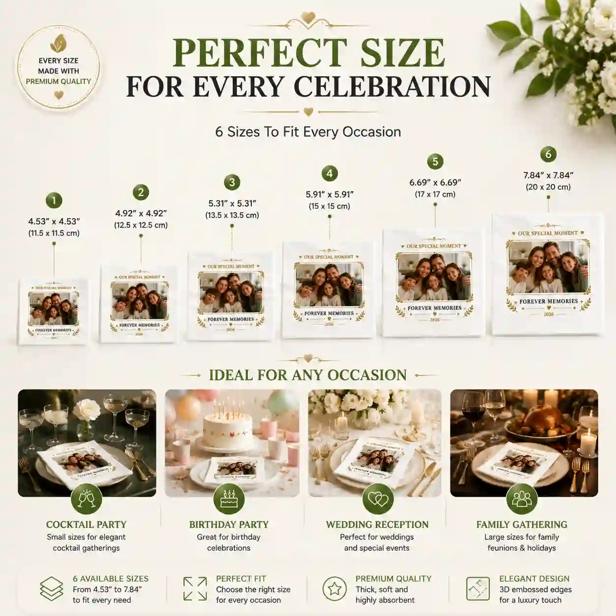 Custom napkin size options from 4.53 inch to 7.84 inch for different events