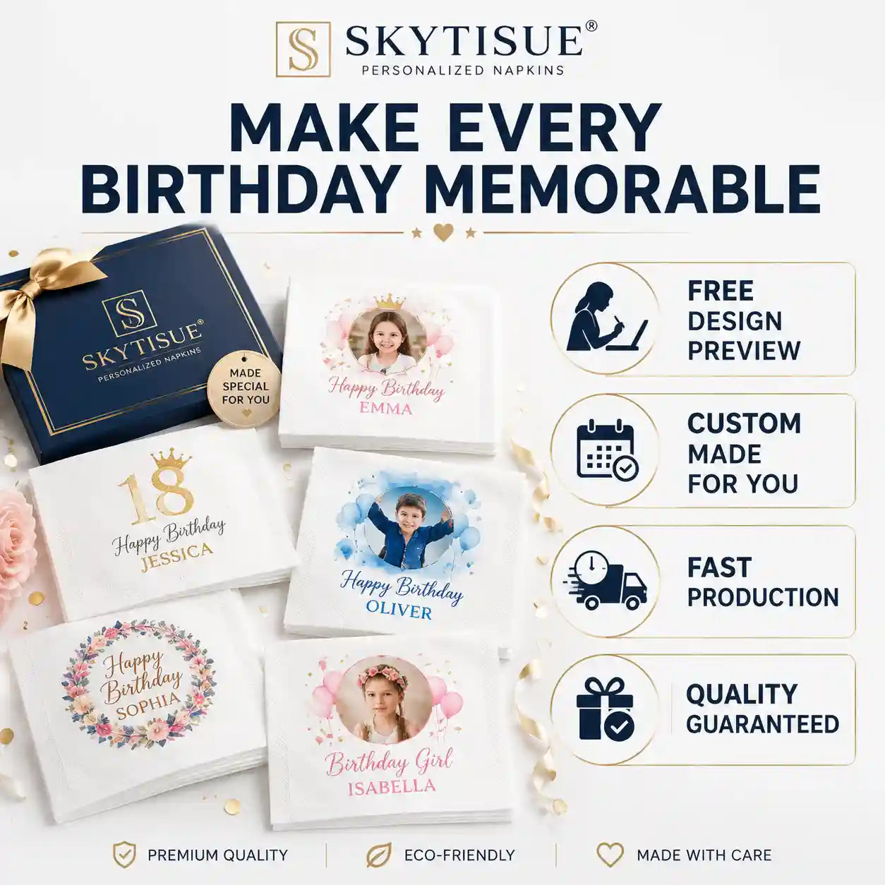 Custom birthday napkins showing personalized photos, names, messages, colors and unique designs by SKYTISUE