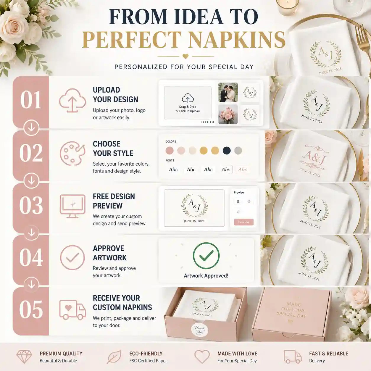 Wedding napkin customization process showing photo upload, design preview, artwork approval and final production