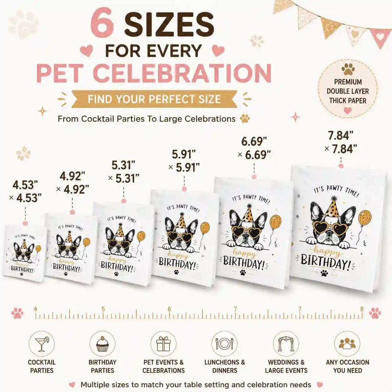 Personalized pet birthday napkins available in six different sizes for celebrations