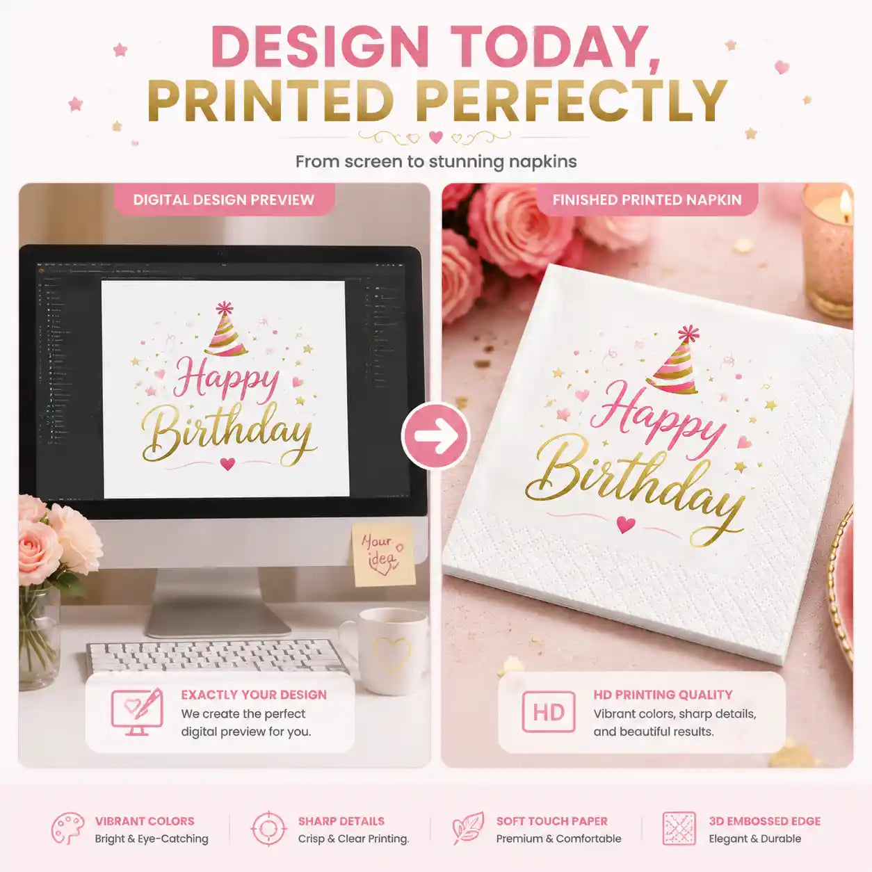 High definition printing detail of SKYTISUE personalized birthday napkins with custom design