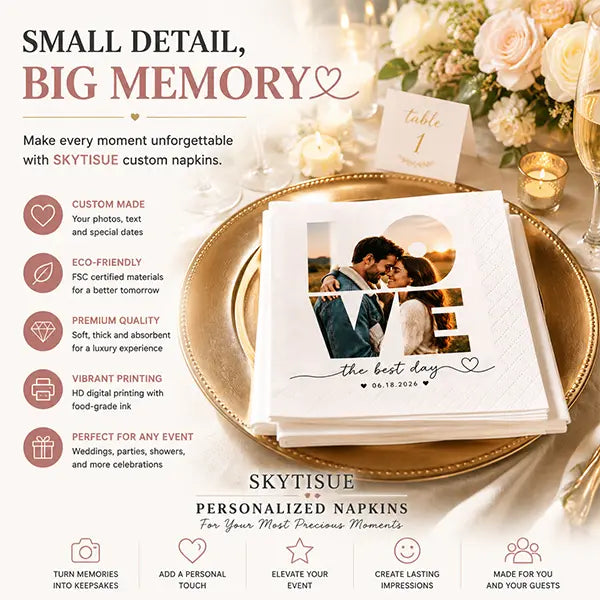 Elegant wedding reception decorated with SKYTISUE personalized custom napkins