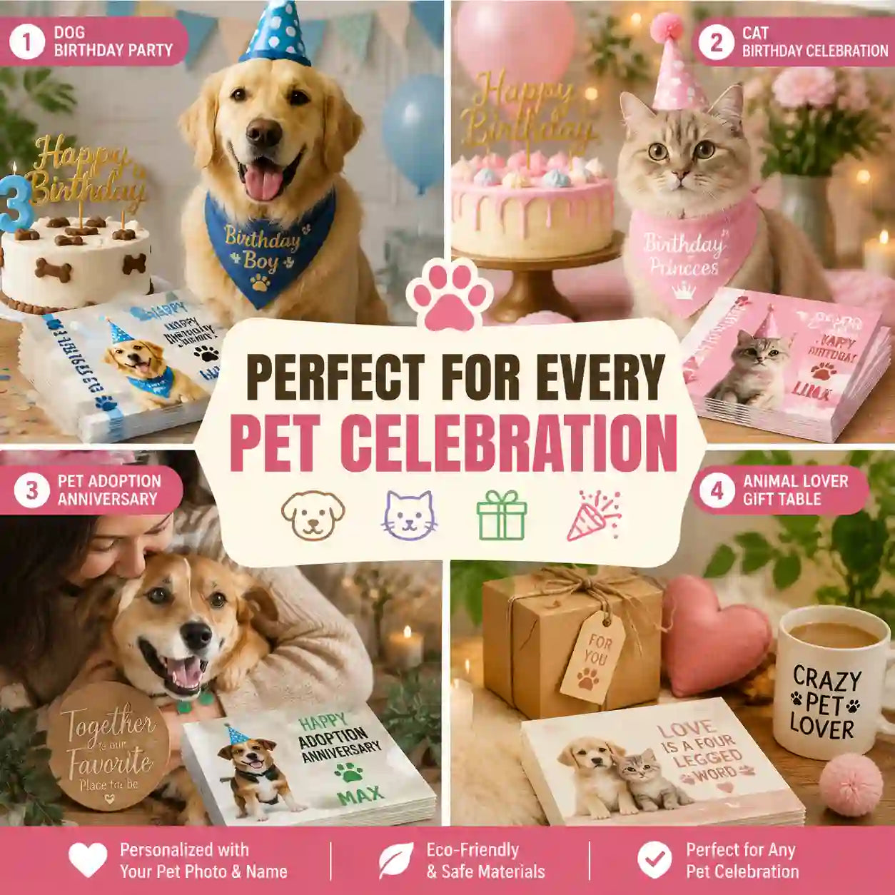 Personalized pet birthday napkins perfect for dog birthdays, cat celebrations, adoption anniversaries and pet lover gift tables