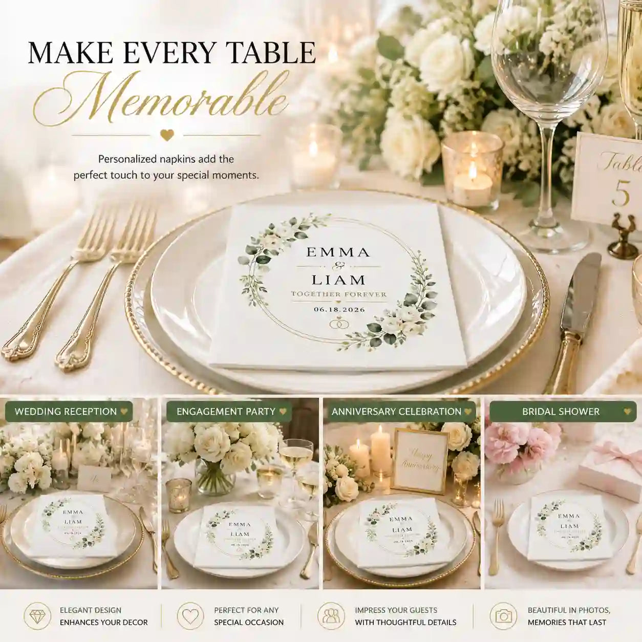 Personalized wedding napkin ordering process from design preview to production