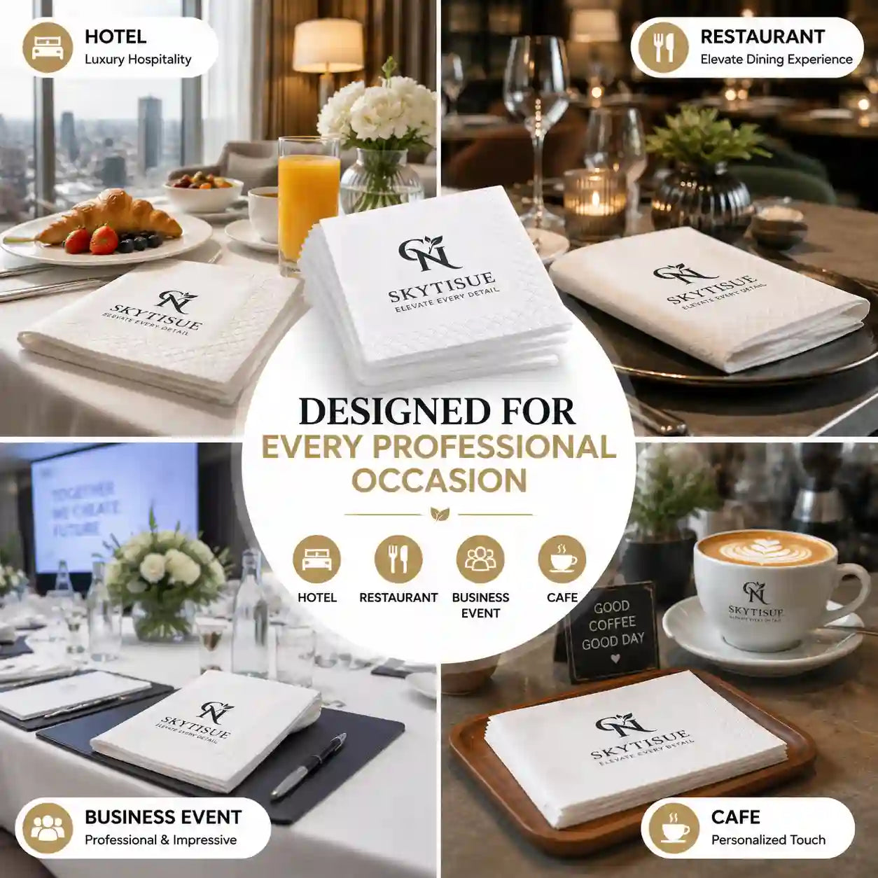Custom logo napkins used in hotels, restaurants, cafes, corporate events, and professional celebrations
