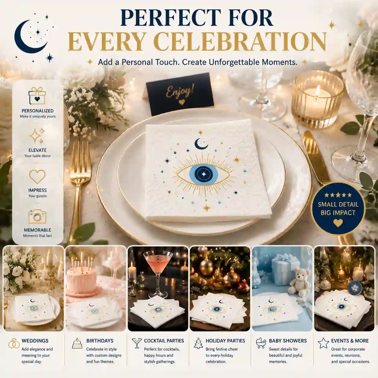 Celestial personalized napkins creating an elegant atmosphere for weddings parties and celebrations