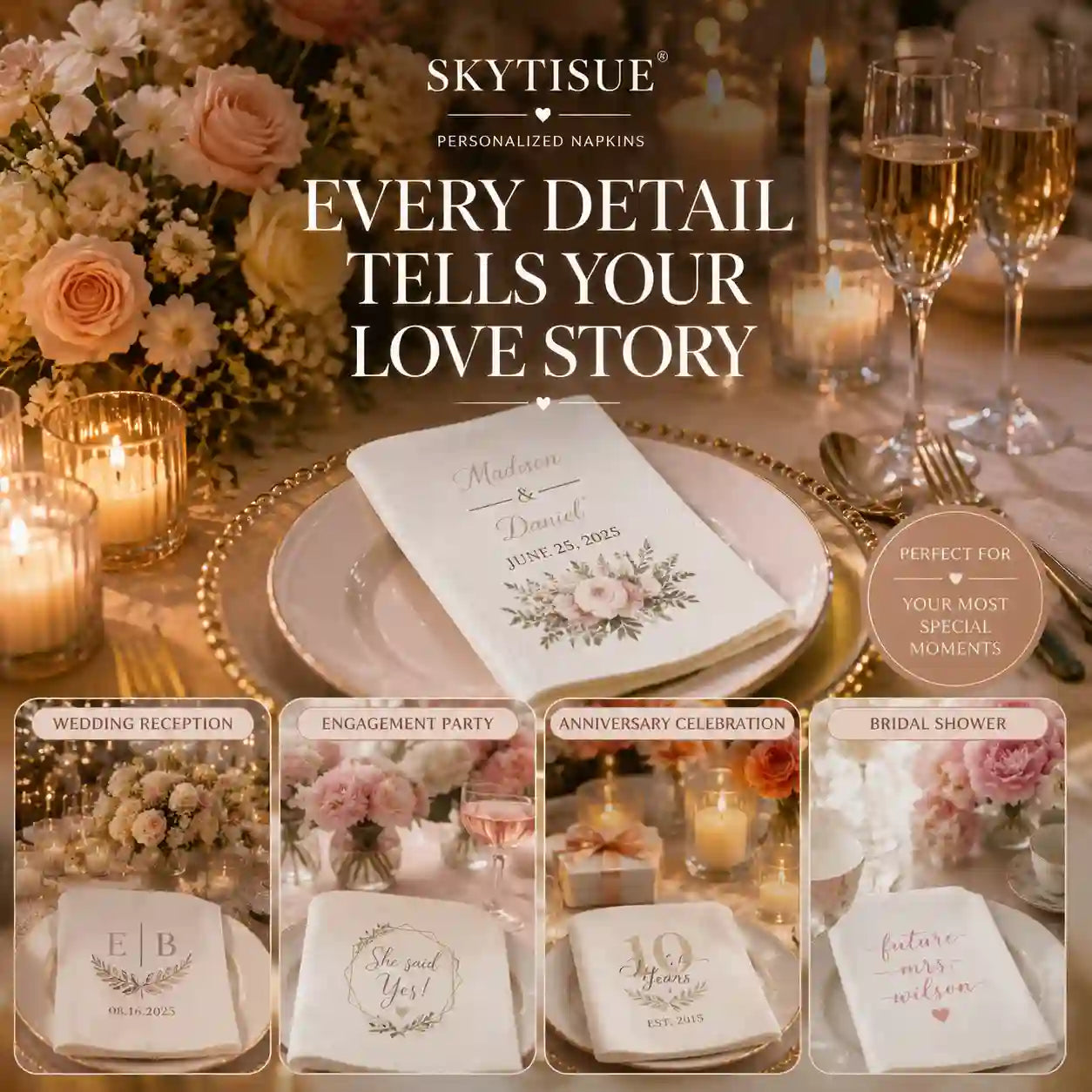 SKYTISUE personalized wedding napkins displayed on elegant wedding tables for receptions, engagements, anniversaries, and celebrations